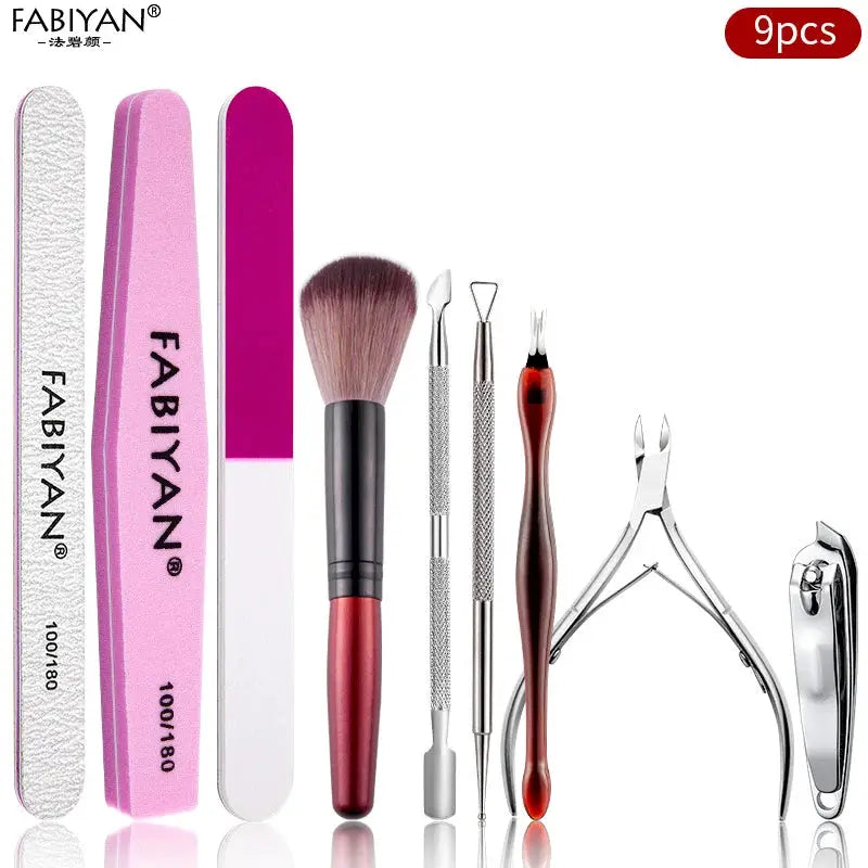 FABIYAN manicure set 9pc with pink and white nail files and stainless steel tools