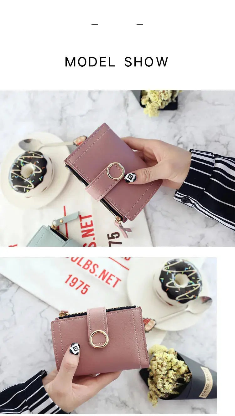 Pink and mint PU women's wallets with ring straps; two wallets visible
