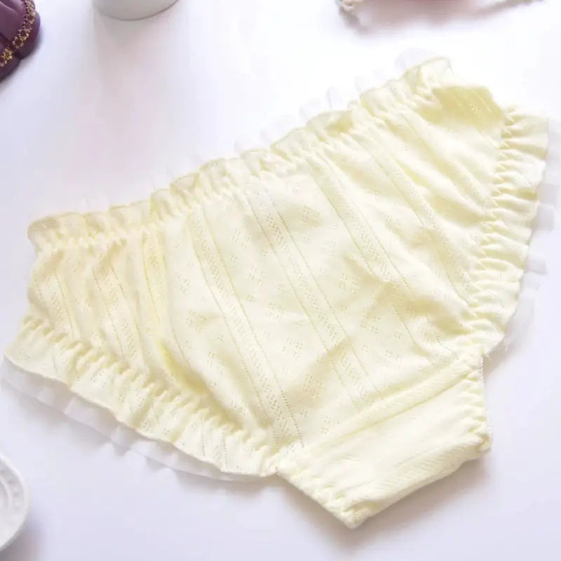 Cotton ruffle panties with bow in cream-yellow, breathable elastic waistband women's underwear