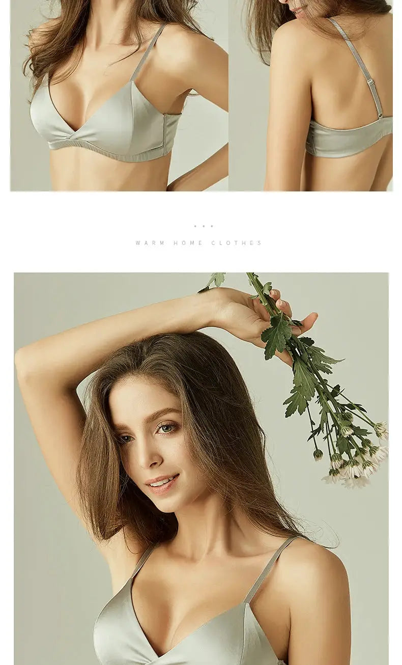 SuyaDream wire-free silk bra with natural silk lining in silver, front and back views