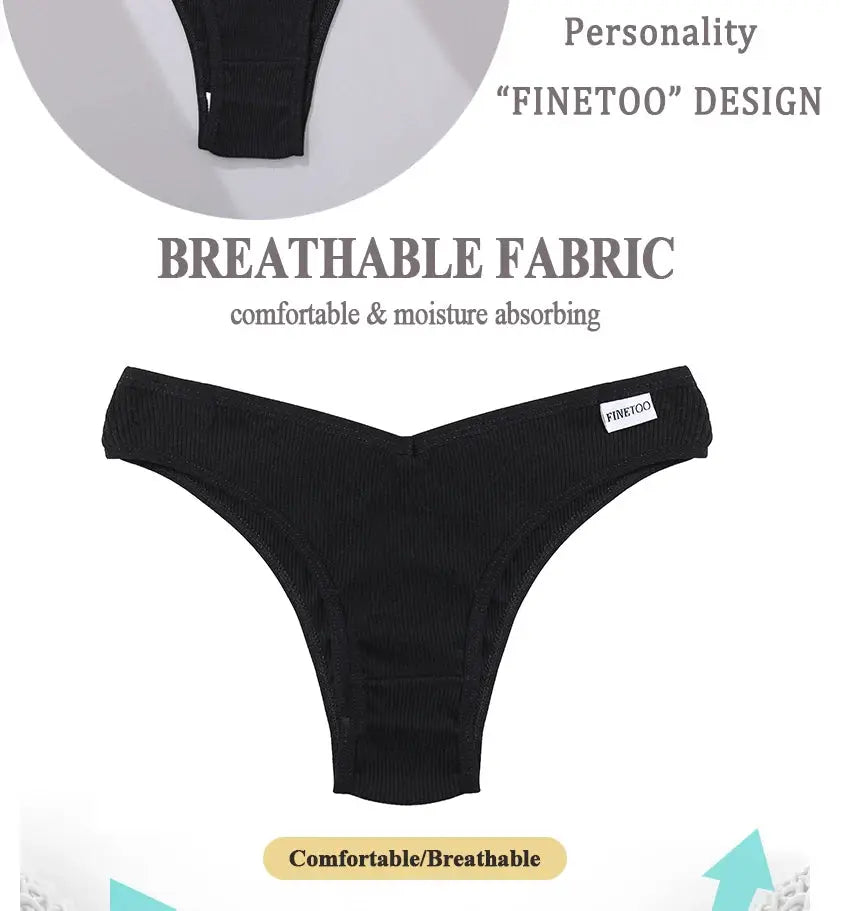 Black cotton thong underwear for women; Finetoo label, breathable fabric, 5-piece set by Simples Market.
