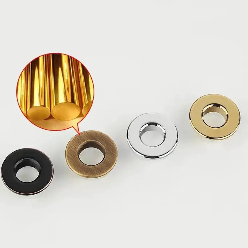 Overflow Hole Decorative Cover Ring for sinks, round inserts in black, brushed brass, chrome, and gold finishes (4-pack)
