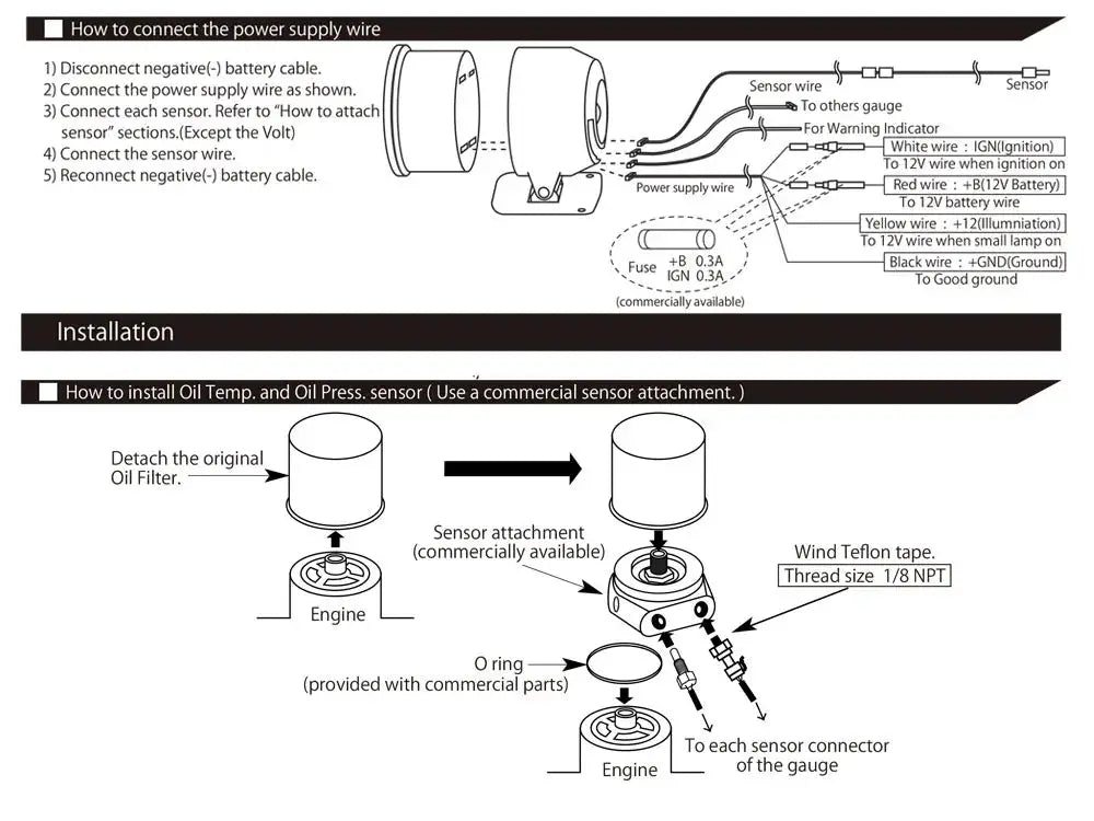 Universal 52mm 8-color racing gauge installation diagram with wiring and sensor placement by Simples Market
