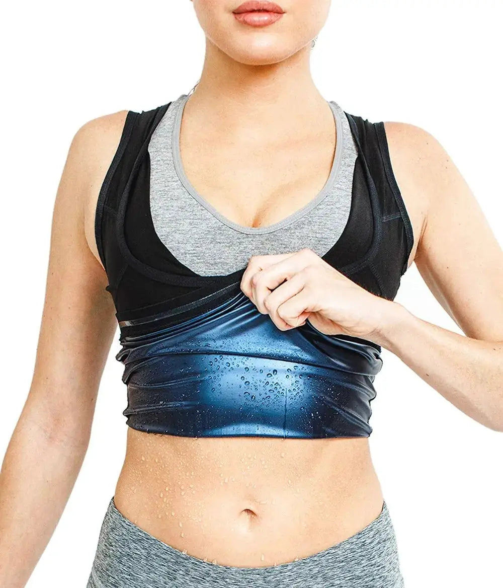 Waist trainer sauna vest in blue neoprene worn over grey sports bra and black top on a model