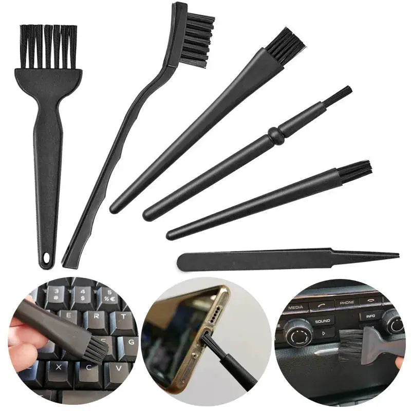 6-in-1 black anti-static keyboard cleaning brush kit with plastic handles for laptop, keyboard, phone and car dashboard