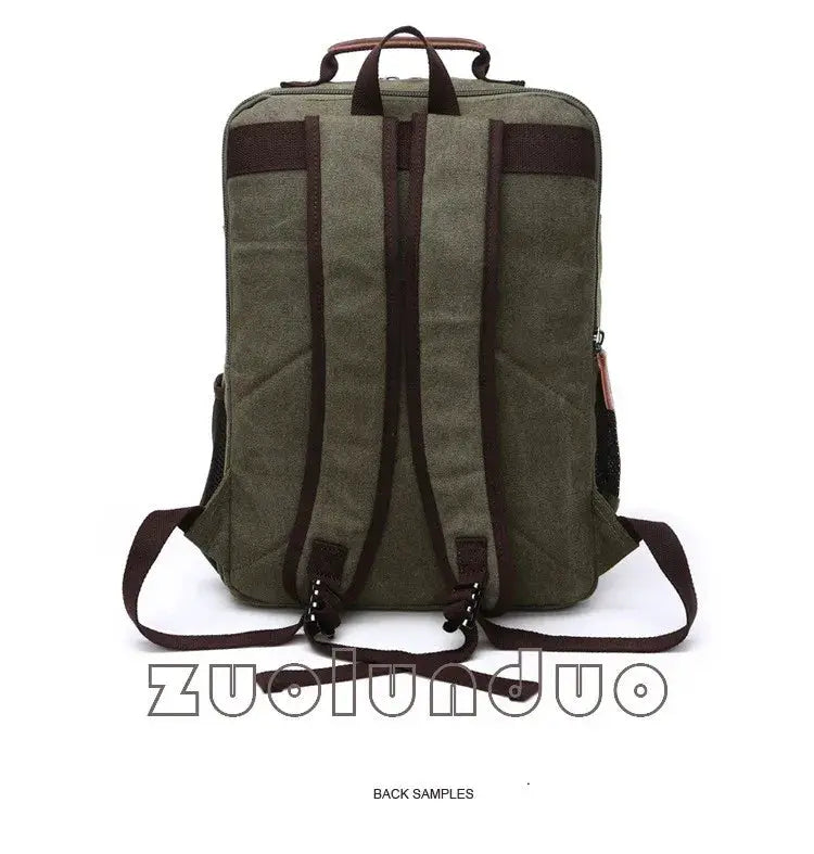 Vintage olive canvas backpack with brown straps and top handle; back view, large-capacity travel and student laptop bag.