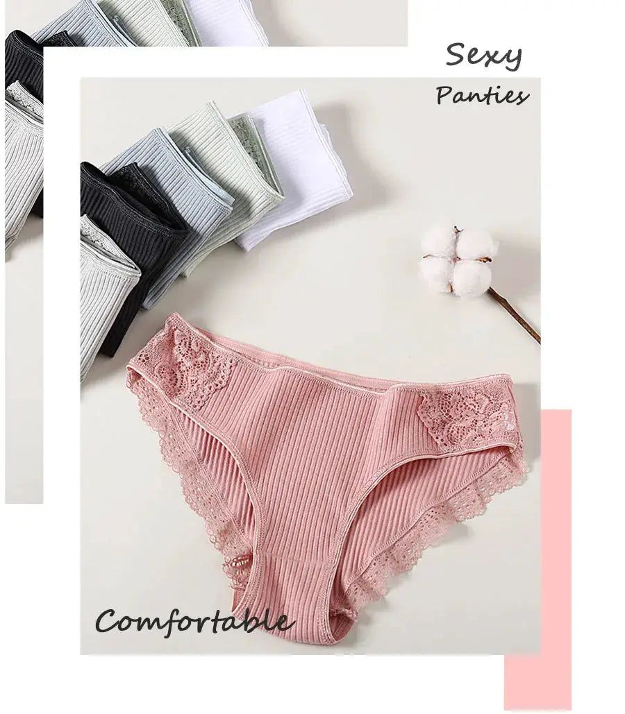 FINETOO 3-piece set women cotton panties, pink low-rise briefs with lace patchwork (Simples Market)