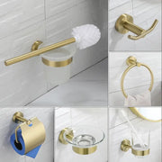 Brushed gold bathroom hardware set with wall-mount toilet brush holder, toilet paper holder, towel ring, robe hook, and soap dish