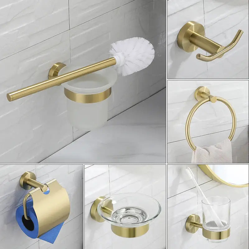 Brushed gold bathroom hardware set with wall-mount toilet brush holder, toilet paper holder, towel ring, robe hook, and soap dish