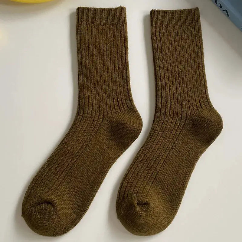 CHAOZHU Thick Warm Merino Wool Rib Socks For Women Solid Colors Loose Fit Japanese Korea Fashion Winter