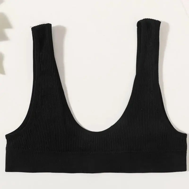 Ribbed seamless bralette for women, black, deep-U shape crop top.