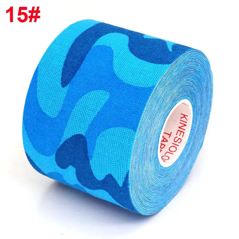 Kinesiology tape roll in blue camouflage pattern, 5m length