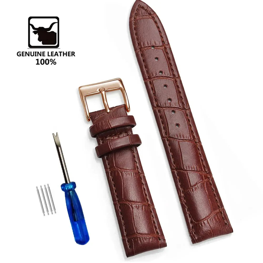 Leather watchbands by Simples Market, genuine brown crocodile-embossed straps, two pieces with rose-gold buckle, 12–24 mm