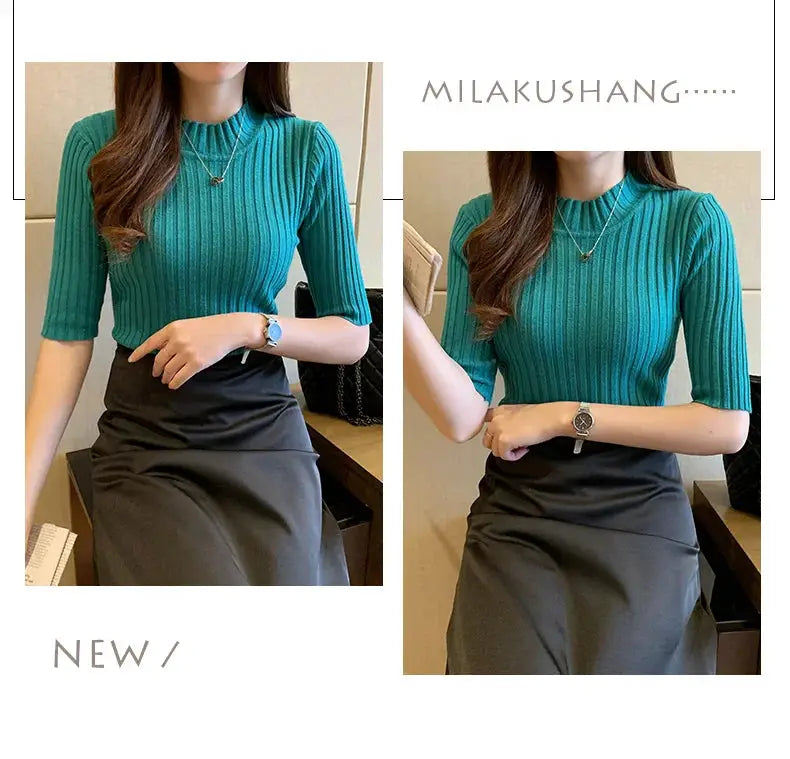Women’s teal rib-knit blouse with short sleeves by Simples Market