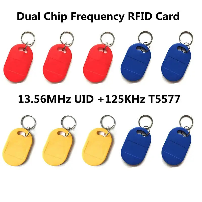 Simples Market 10-pack dual-chip RFID keyfobs; red, yellow and blue, writable 13.56MHz UID +125KHz T5577.