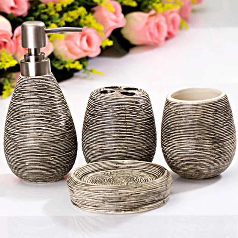 Simples Market bathroom ceramic set: 4-piece textured gray dispenser, toothbrush holder, rinse cup, and soap dish