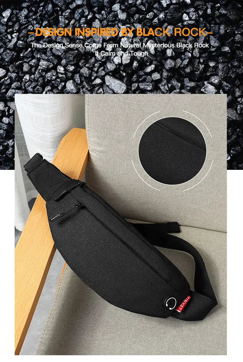 TINYAT black waist bag with adjustable strap, compact phone belt bag with red tag