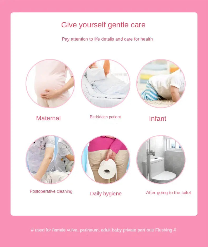 Portable bidet by Simples Market for perineal cleaning; pink layout with six usage icons.