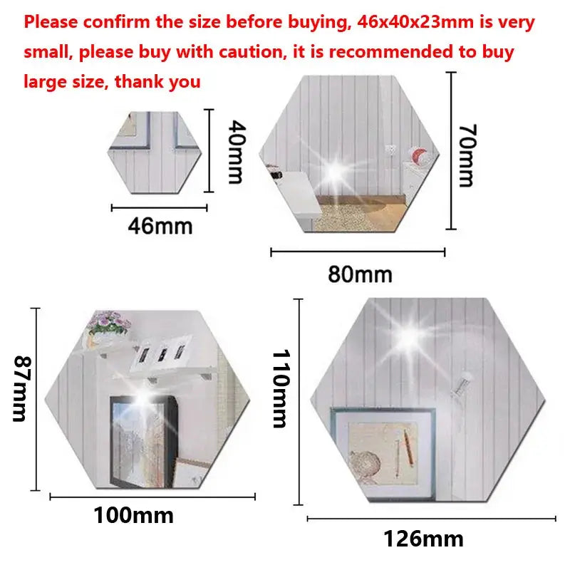 3D mirror hexagon wall decals by Simples Market, self-adhesive set in four sizes (46-126mm) for home decor