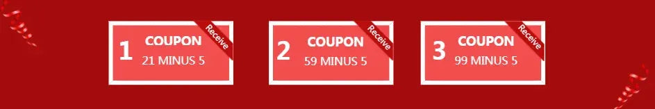 Red banner with three coupon cards labeled COUPON 1, COUPON 2 and COUPON 3.