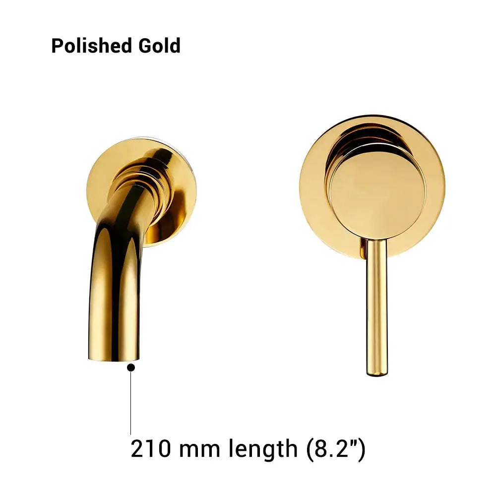 Bathroom basin faucet, polished gold wall-mounted with a single-handle lever, 210mm length
