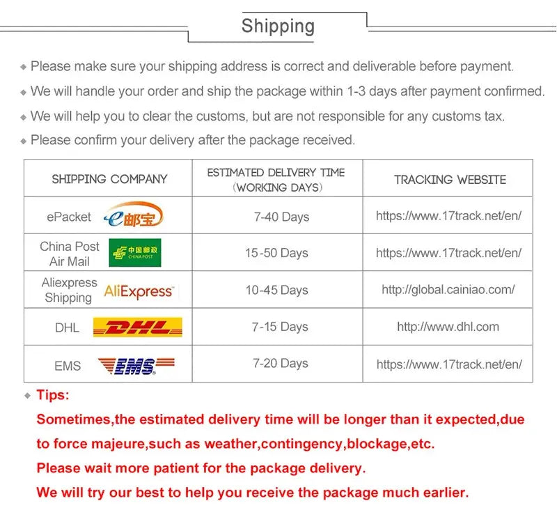 Panties shipping policy and carriers delivery times table for Simples Market