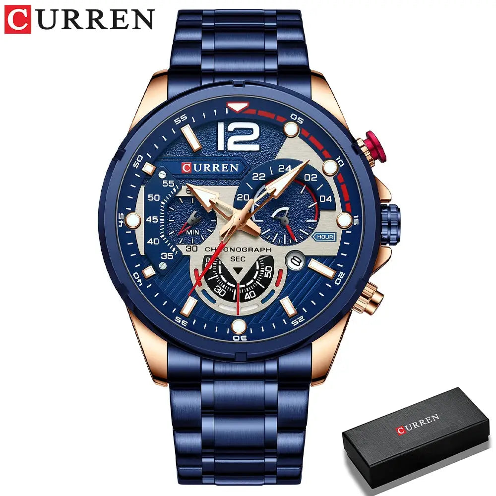 CURREN men's blue stainless steel chronograph watch and black box; rose-gold accents on case and bracelet.