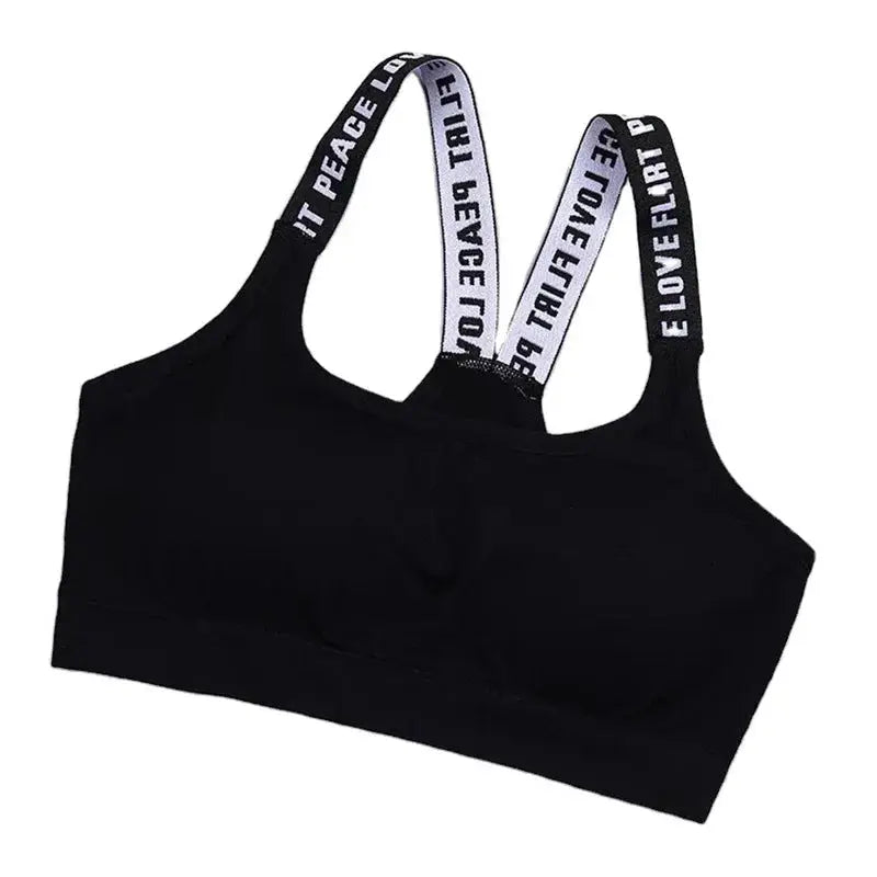 Black women's sports bra top with branded elastic shoulder straps