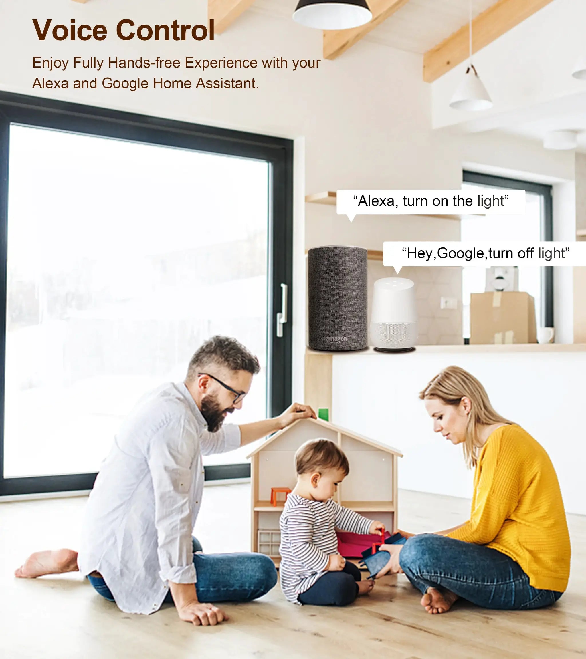 Tuya Wifi Smart Switch Module by Simples Market in a bright living room with an Amazon speaker and a family playing.