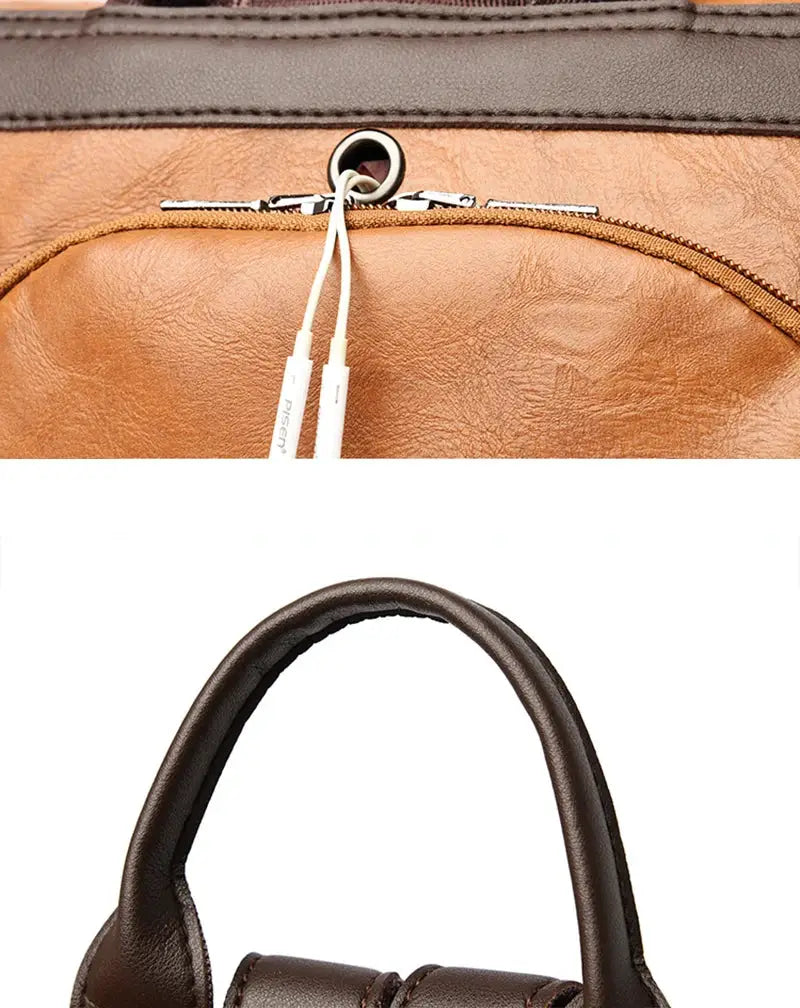 Women’s brown PU leather anti-theft backpack with top handle
