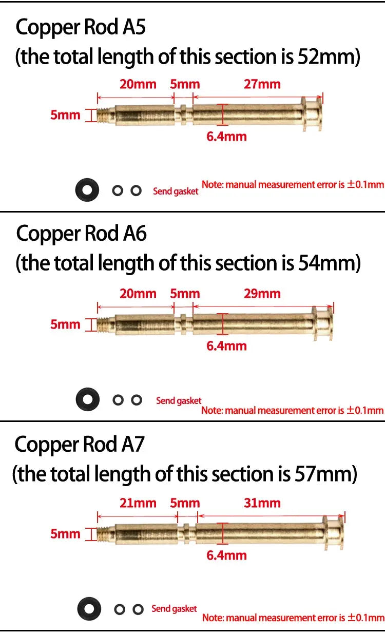 Simples Market copper rod A5–A7 set (3 pcs) for shower faucet diverter; 52–57mm long, 6.4mm dia, with gasket.