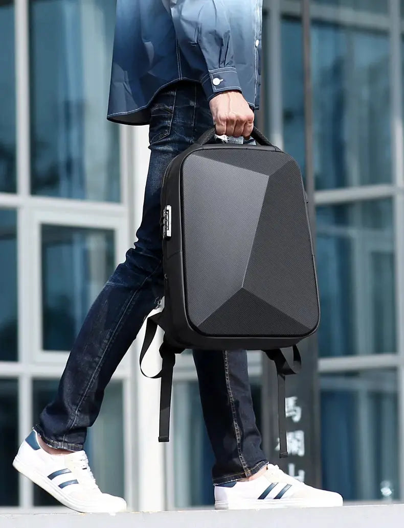 Fenruien laptop backpack, black anti-theft waterproof design with a geometric front panel.