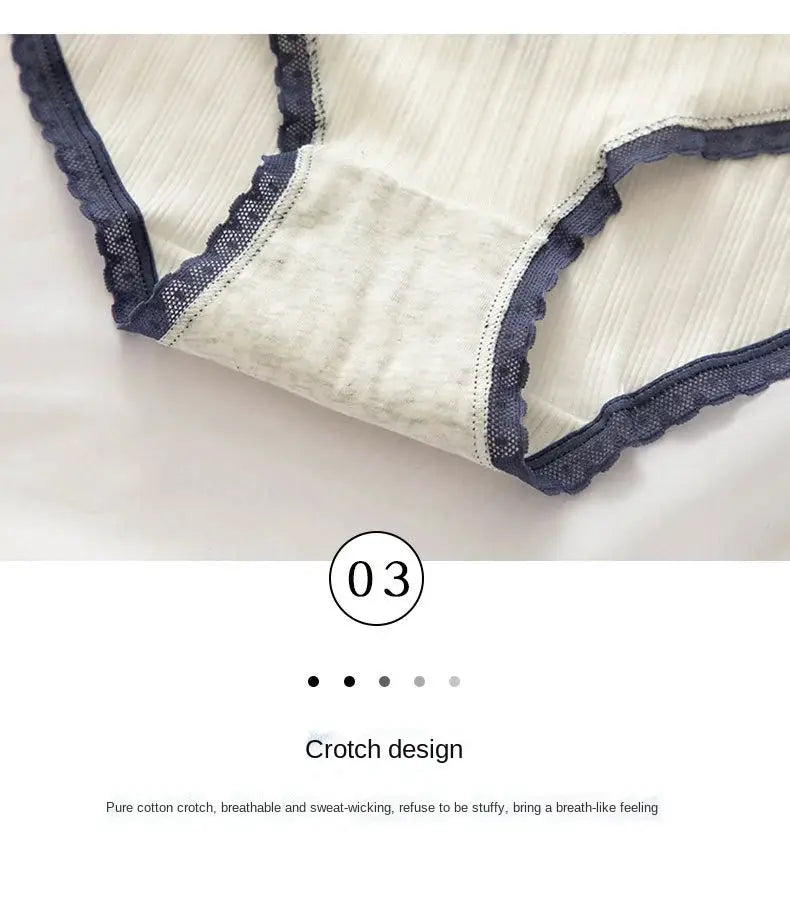 Cotton women's mid-waist seamless underwear with navy lace trim