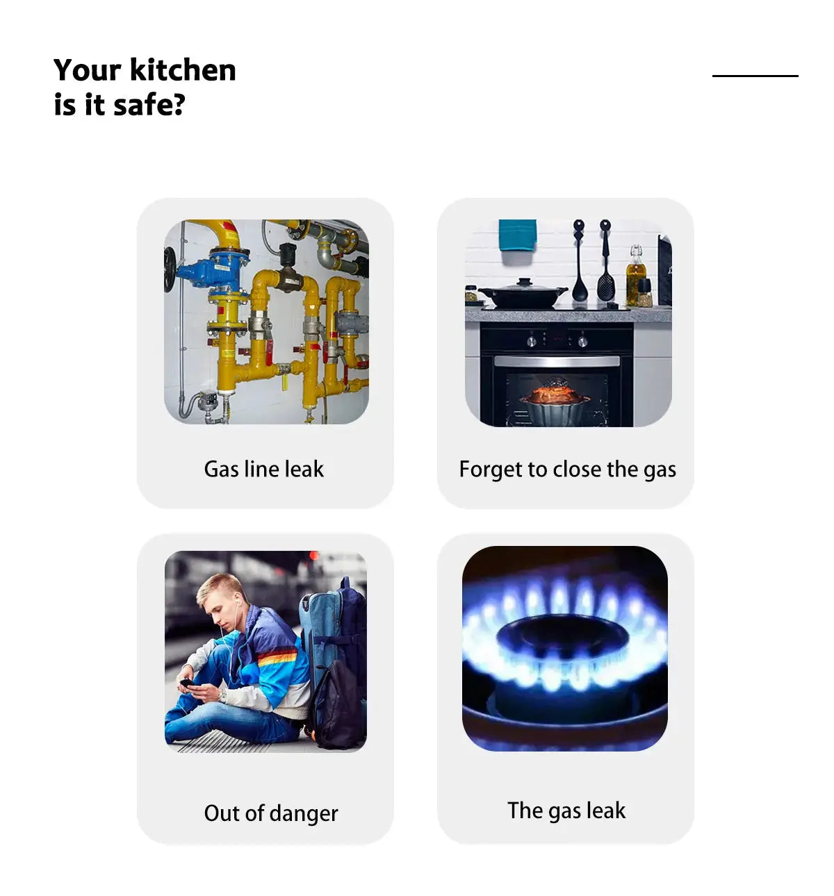 Tuya WiFi gas detector safety guide: four tiles show gas line leak, forget to close the gas, out of danger, gas leak