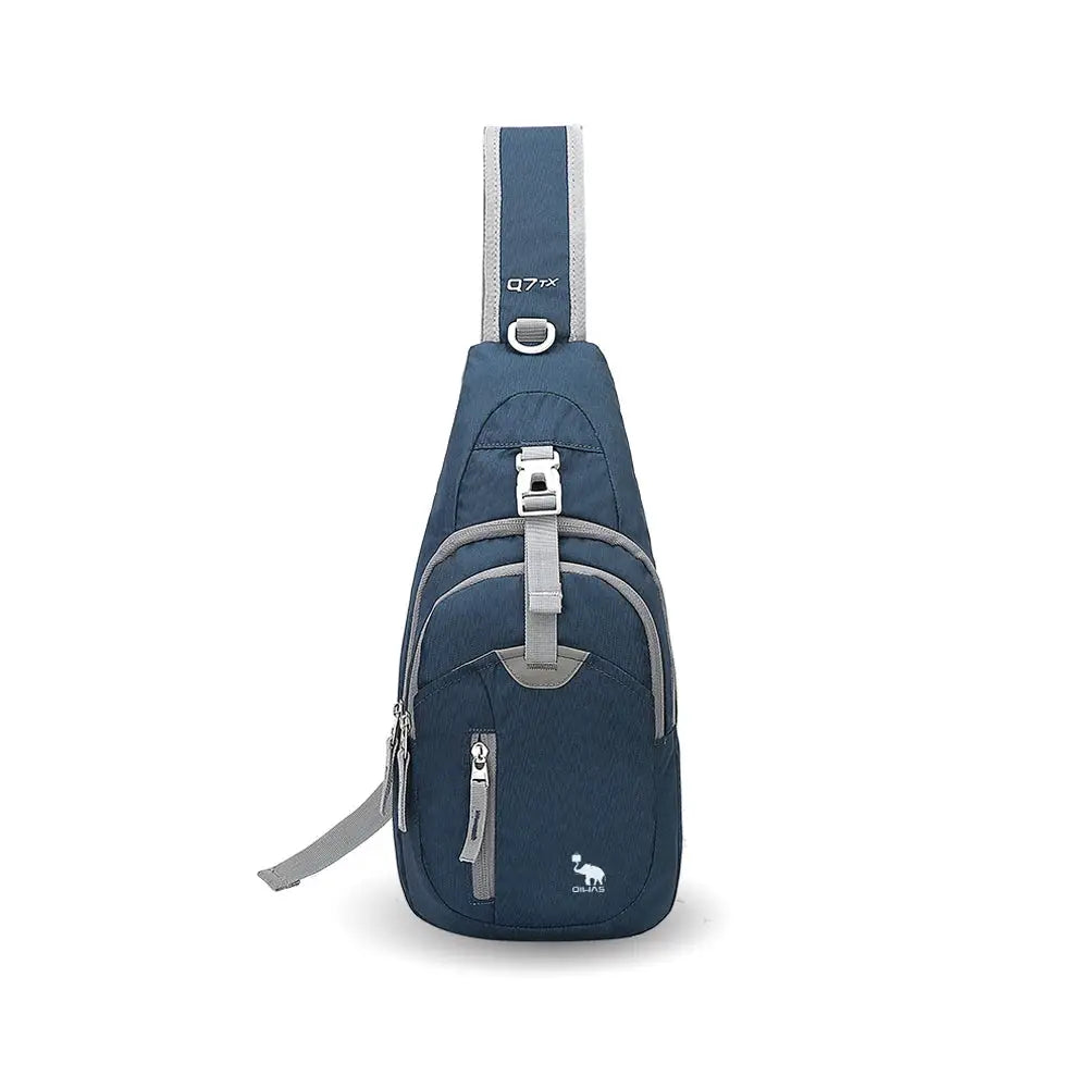OIWAS blue crossbody sling bag with single strap, front zip pockets, and grey accents.