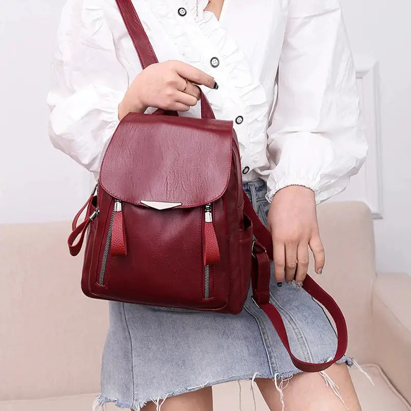 Yogodlns luxury PU leather backpack for women in burgundy with large capacity and double zippers