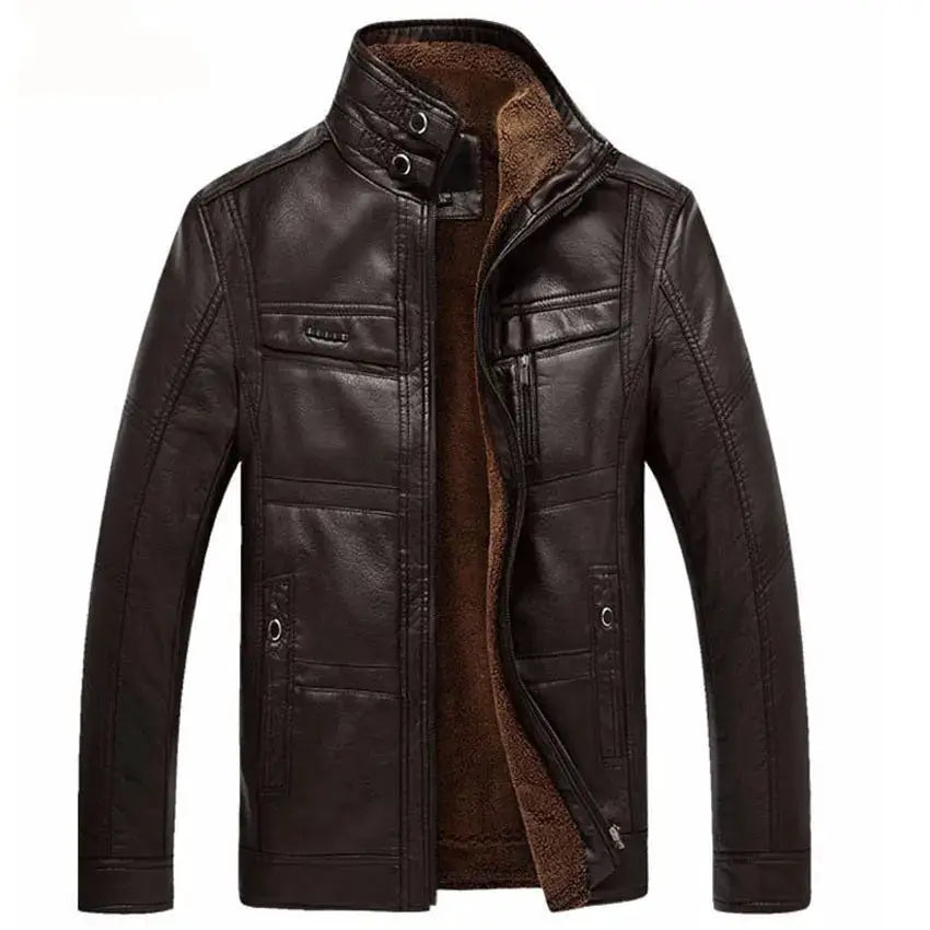 Leather jacket for men by Simples Market, brown PU leather with fleece lining