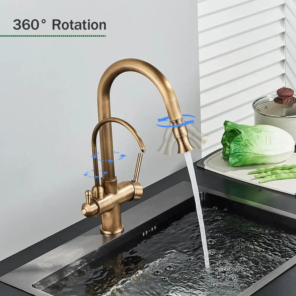 Rozin 2-in-1 antique brass kitchen faucet with pull-out nozzle and 360° swivel