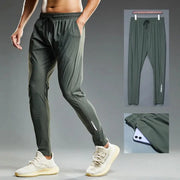 Summer elastic men running pants from Simples Market, olive green joggers with drawstring and pockets; 3-view collage