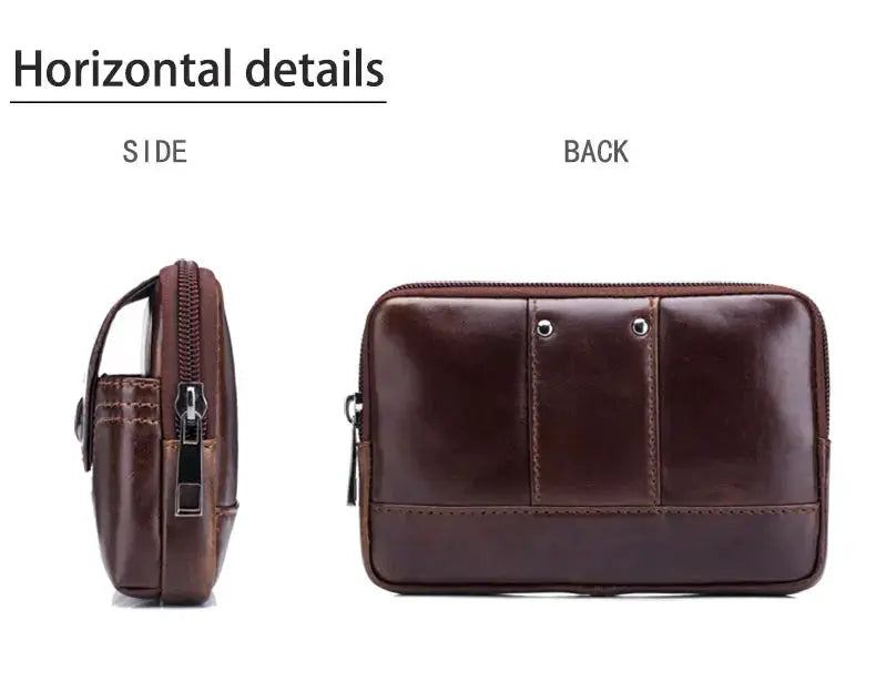 Simples Market BullCaptain men's brown leather belt waist bag; zippered main compartment, side and back views