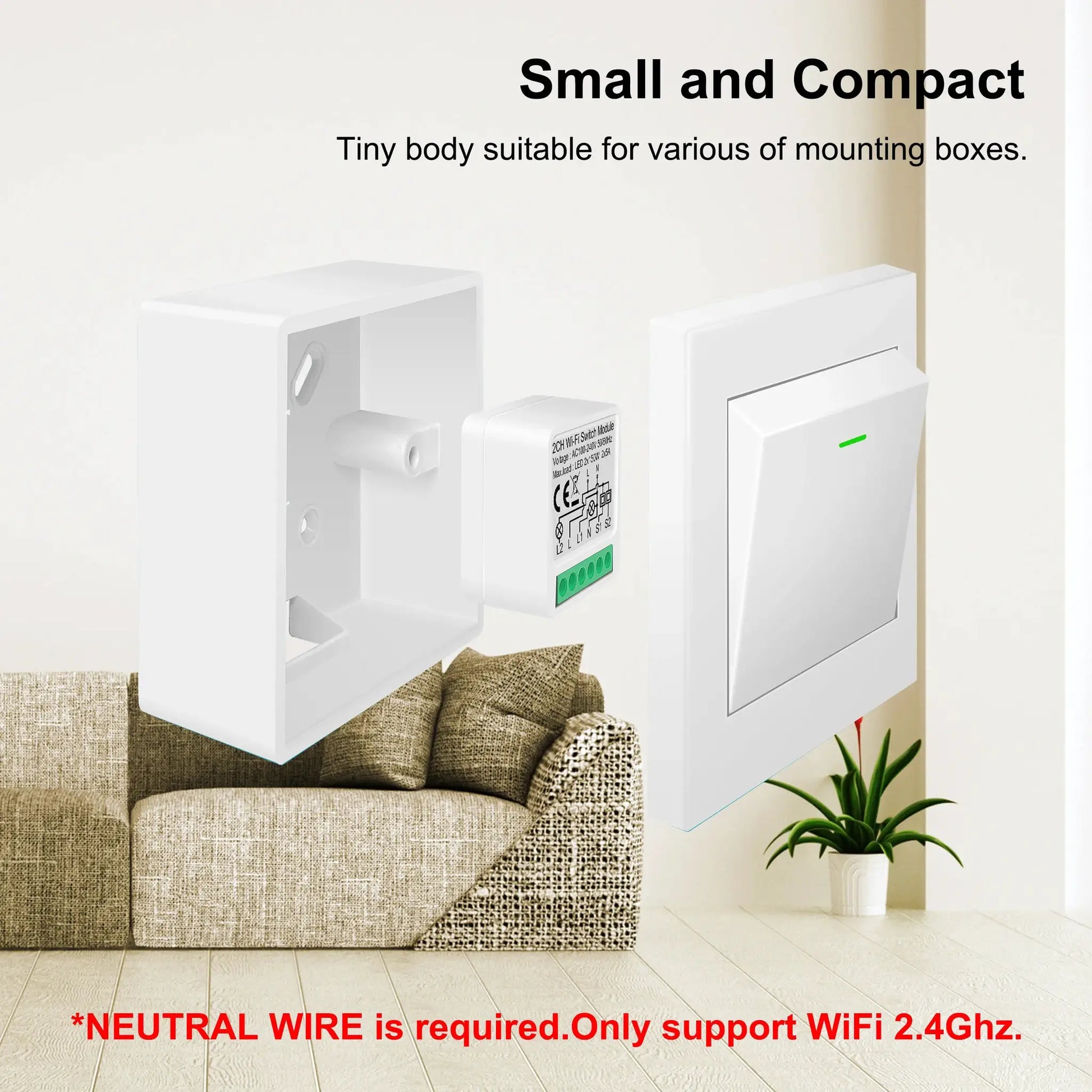 Tuya WiFi smart switch module, white compact wall-mount unit with green terminal block