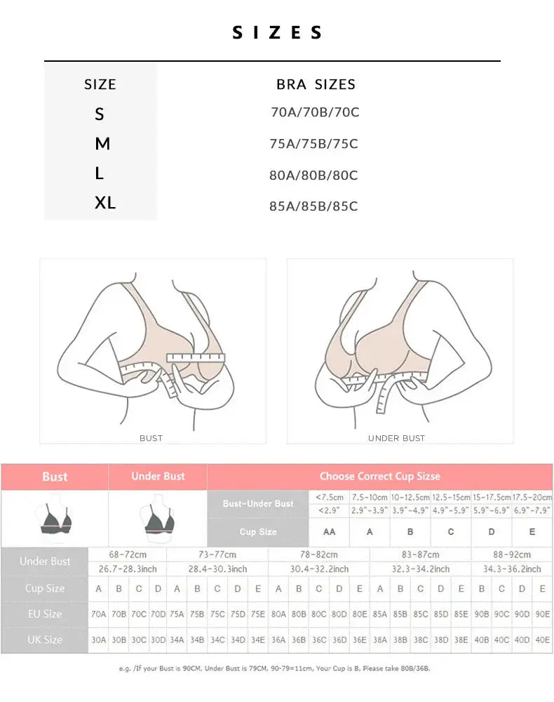 SuyaDream silk bra sizing chart showing bust and under-bust measurements with cup-size guide