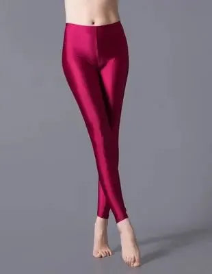 Women shiny magenta leggings made of spandex with high elasticity; solid color casual pants