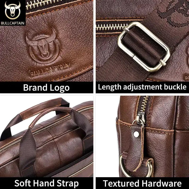 BullCaptain Leather Briefcase Messenger Bag for Men 14 Inch Laptop Compatible Genuine Cowhide for Office Professional