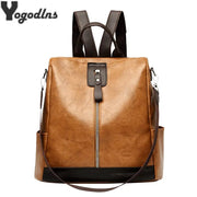 Backpack brown PU leather with vertical front zipper, black base, adjustable strap, Yogodlns logo