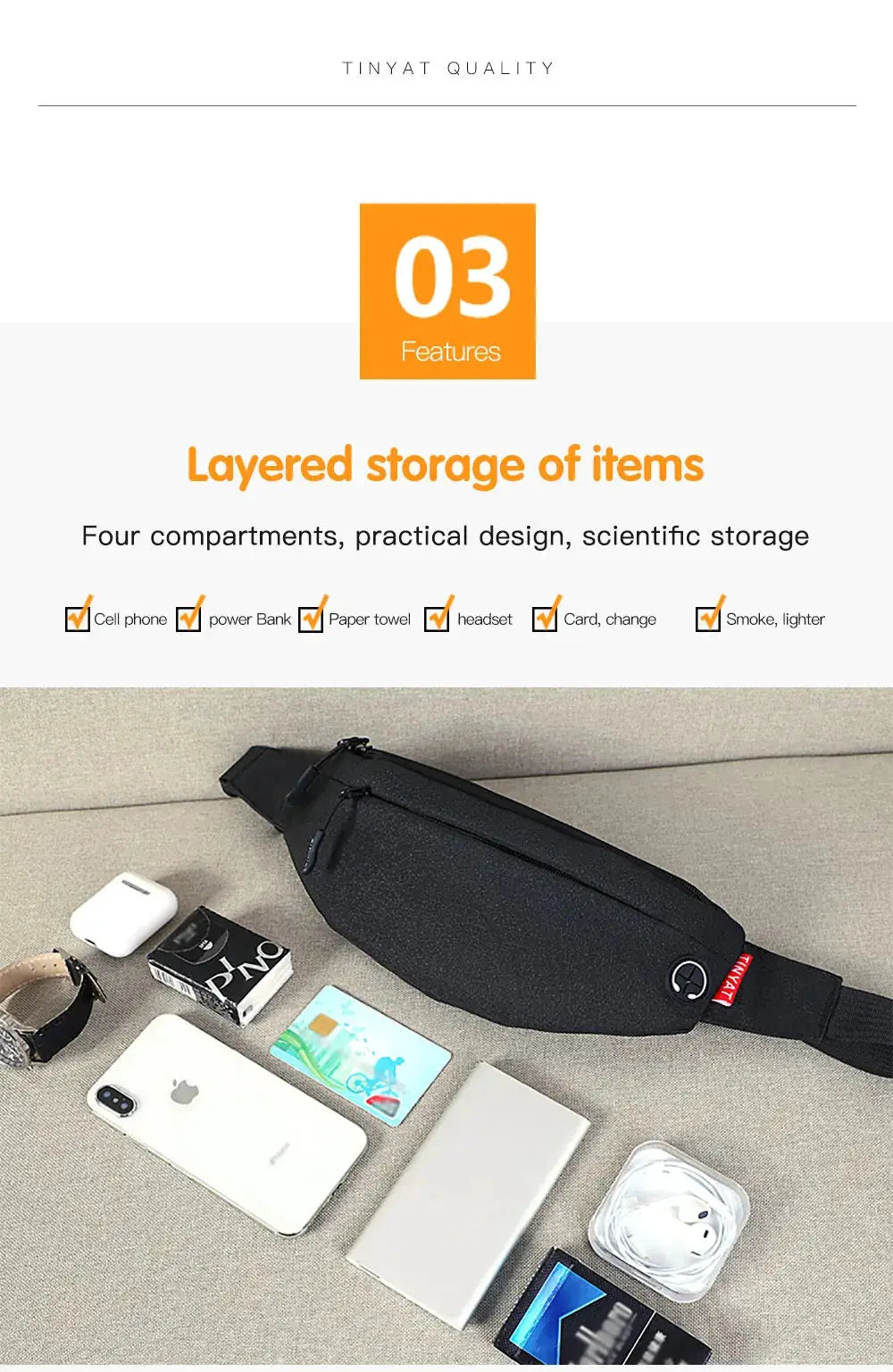 TINYAT waist bag by Simples Market, black fanny pack with zipper pockets and adjustable strap.