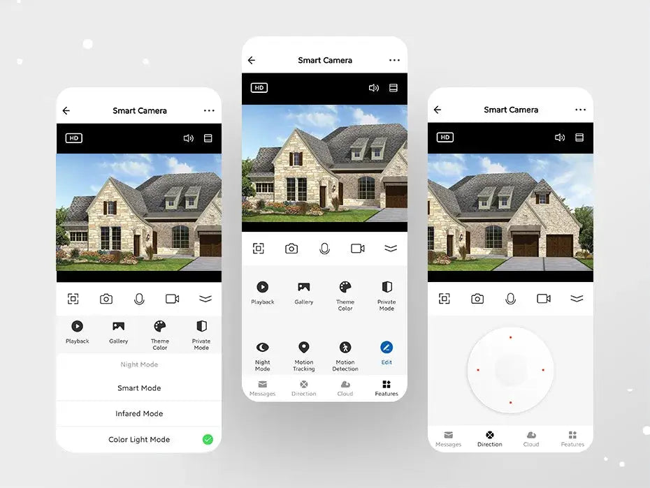 Fuers 8MP 4K IP outdoor security camera UI mockup on three Simples Market smartphones