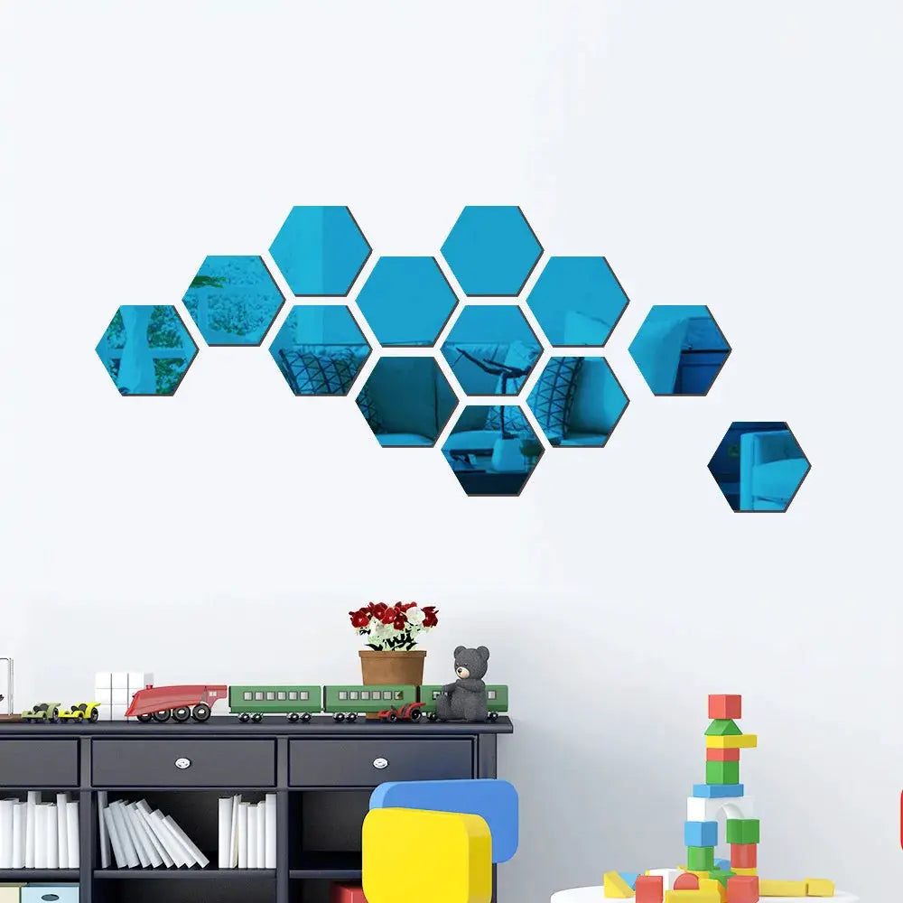 Hexagon mirror wall decals; blue 3D hex tiles arranged in a honeycomb cluster on a light wall