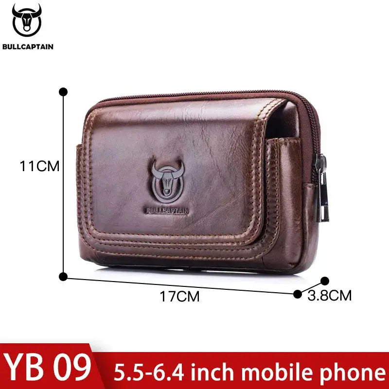 BullCaptain leather waist bag, brown compact fanny pack with logo, 11x17cm
