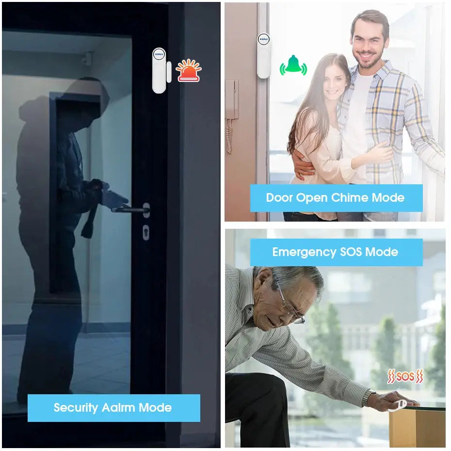 KERUI wireless door/window sensor alarm by Simples Market; white sensor shows Alarm, Door Open Chime, Emergency SOS.